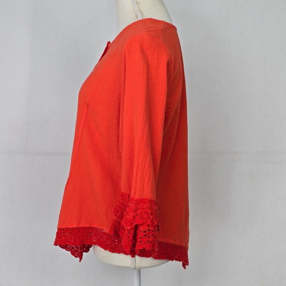 Dunes Relaxed Fashion Womens M Coral Orange Cotton Gauze Crochet Trim Blouse Top - Picture 2 of 12